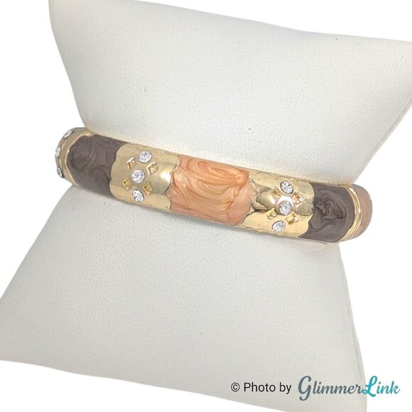 Earth Tone Enamel Gold Tone Hinged Clamper Bracelet - Picture 2 of 9